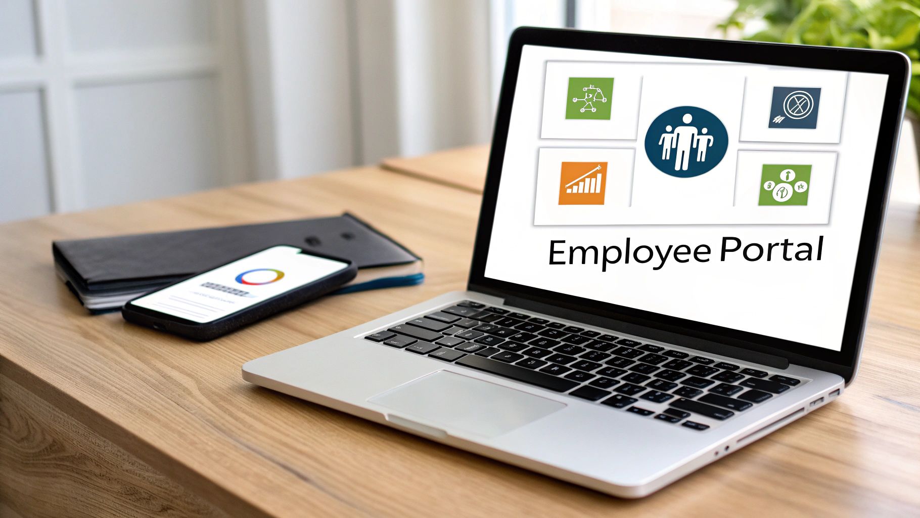 A laptop displaying an employee portal with various icons, a smartphone, and a notebook on a wooden desk.