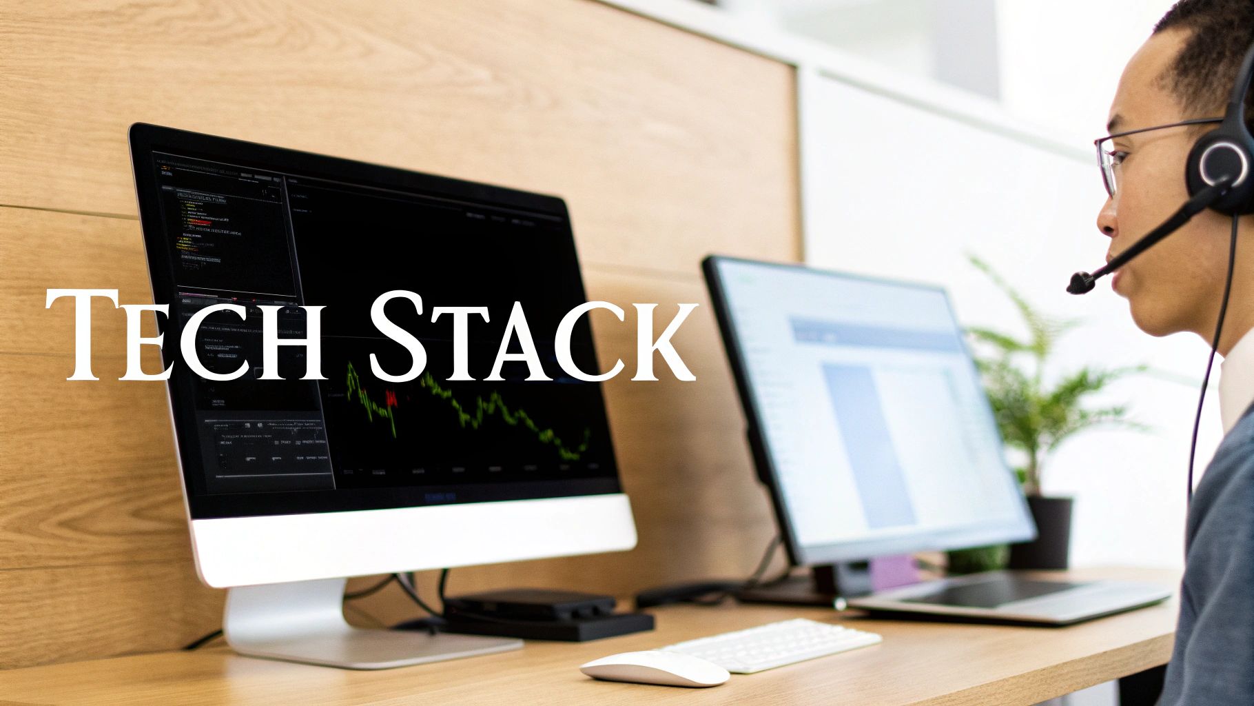 A person with a headset in a modern office, looking at computer monitors displaying data and charts.