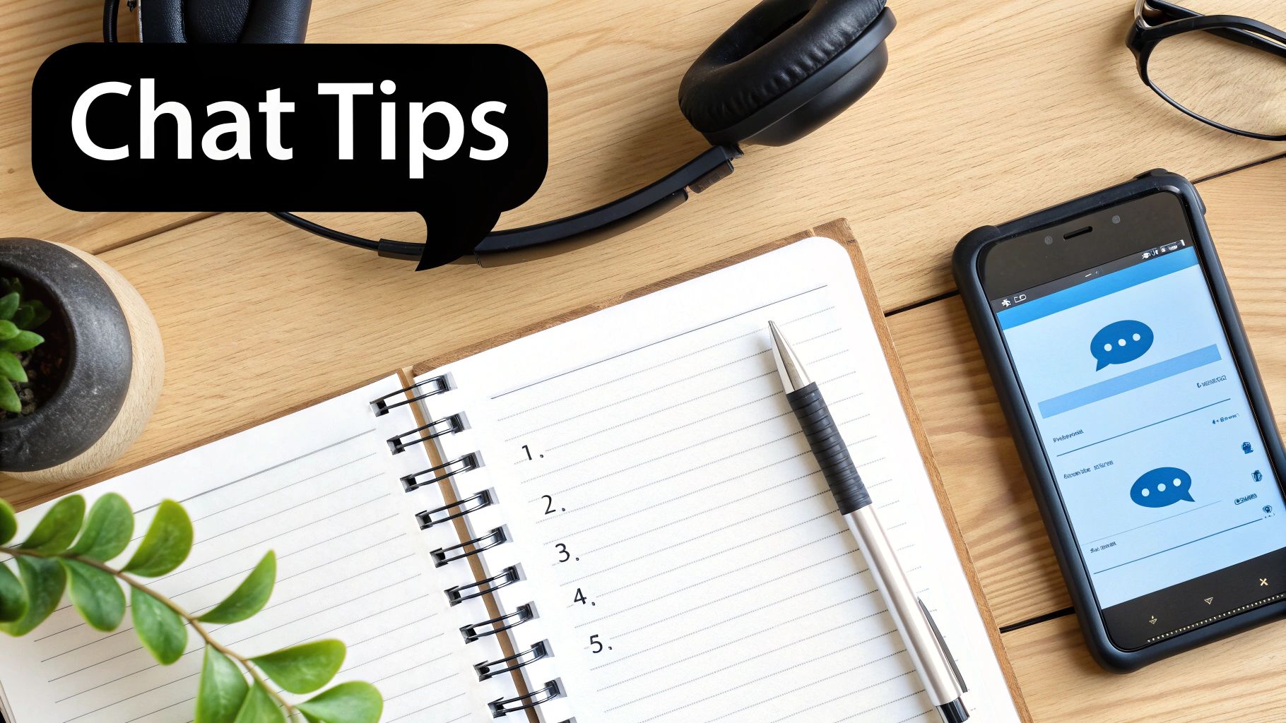 Overhead view of a wooden desk with 'Chat Tips' speech bubble, headphones, notebook, and a smartphone displaying chat.