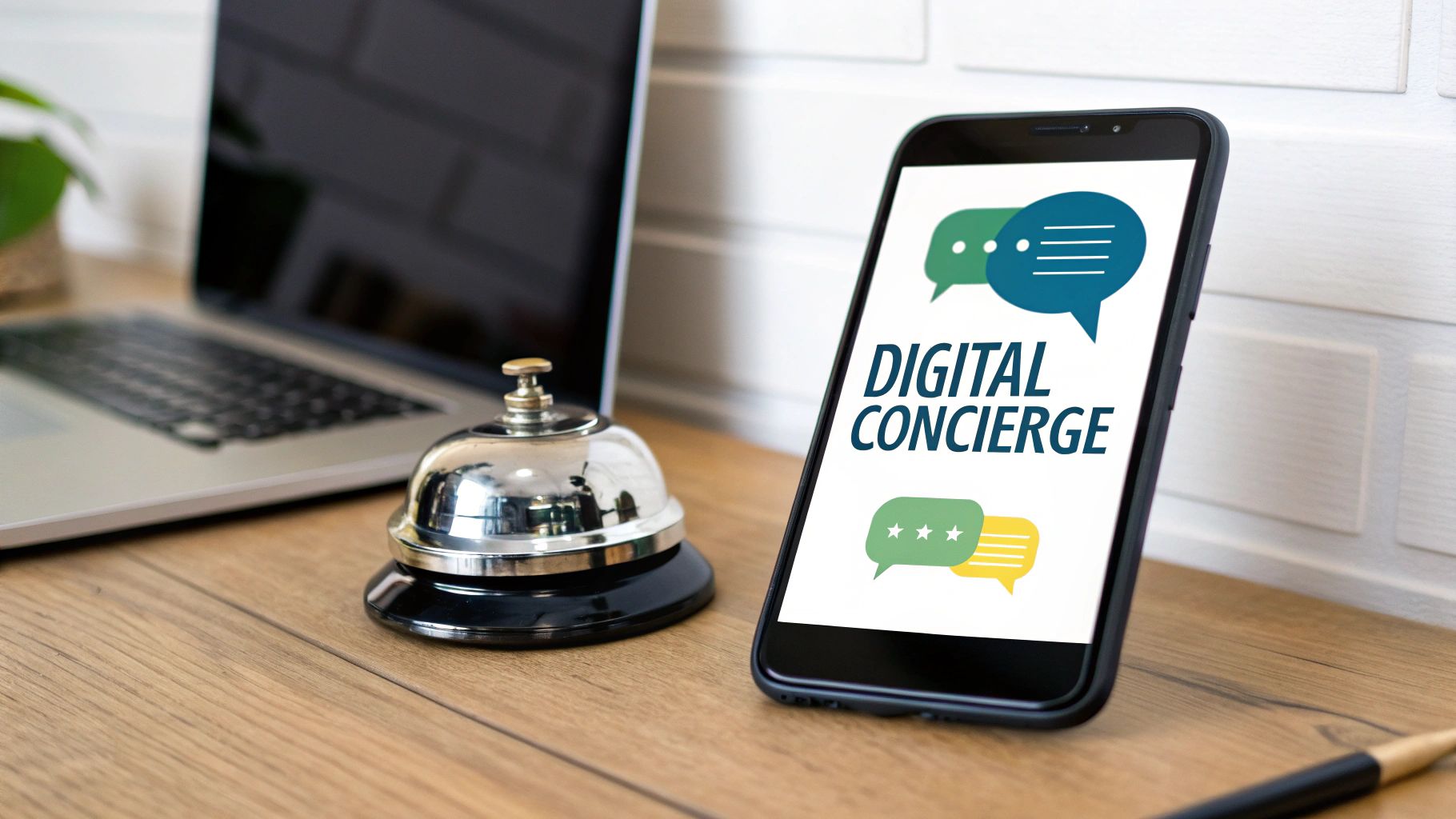 A smartphone displays 'Digital Concierge' with chat icons, beside a service bell and a laptop.