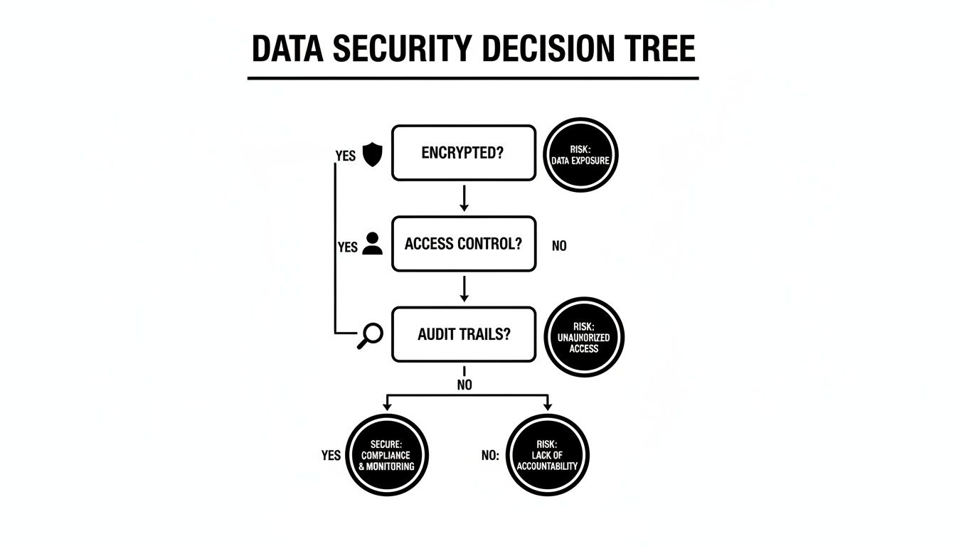 A data security decision tree flowchart illustrating encryption, access control, and audit trail processes.