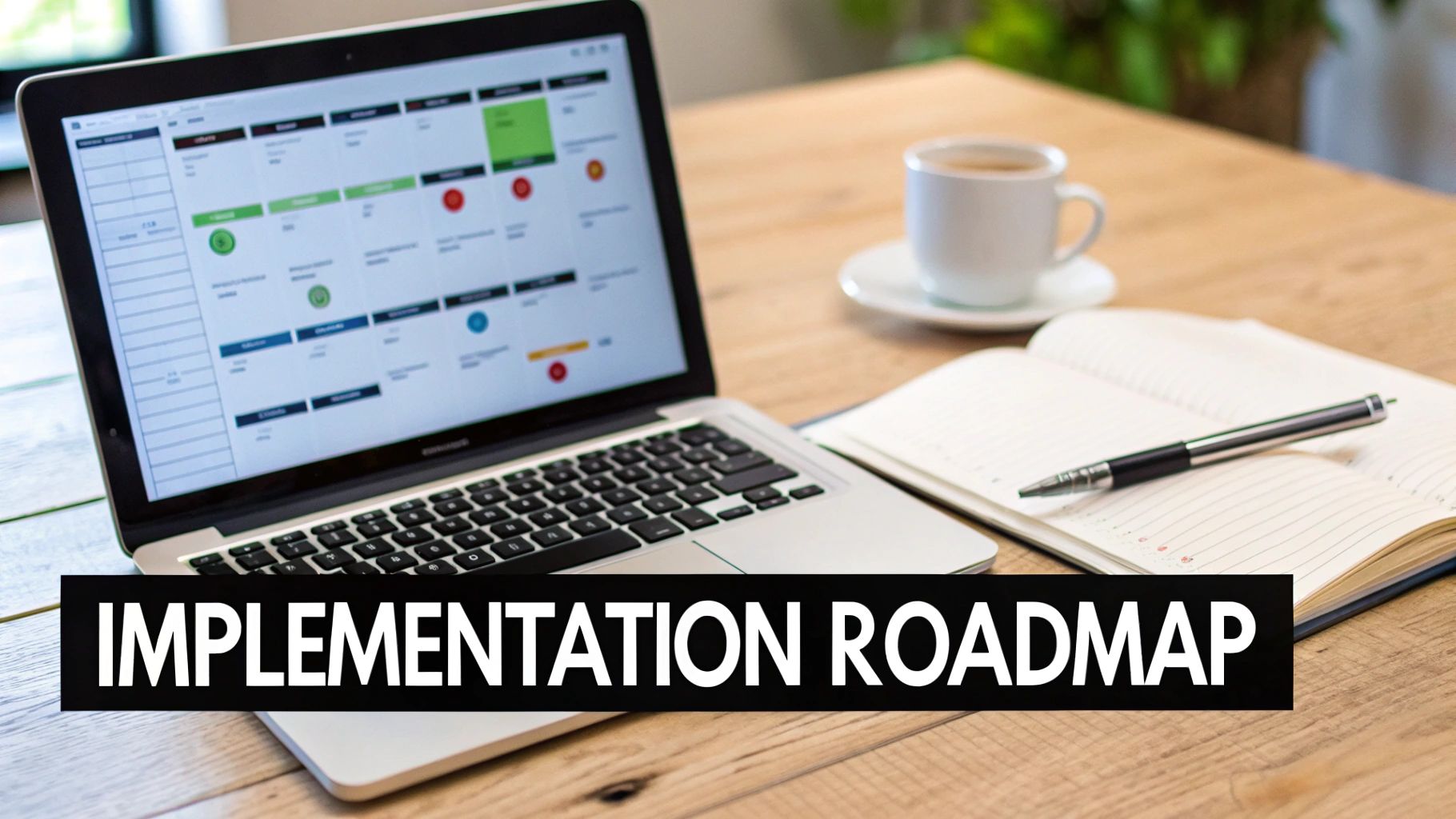 A laptop displaying an implementation roadmap, coffee, and notebook on a wooden desk, emphasizing planning.