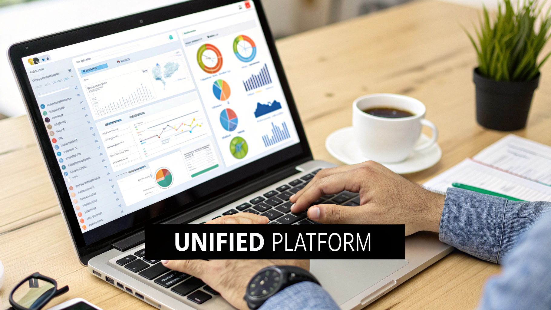 A person's hands typing on a laptop displaying a data dashboard with charts and graphs, with 'UNIFIED PLATFORM' text.