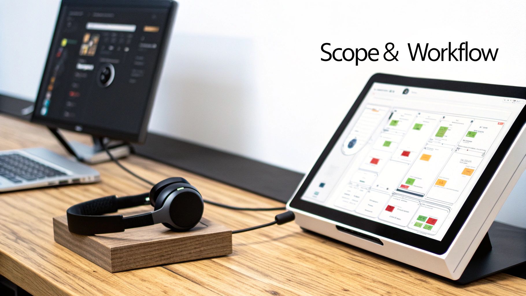 A modern office desk with a laptop, monitor, headphones, and a large touchscreen displaying a workflow diagram.