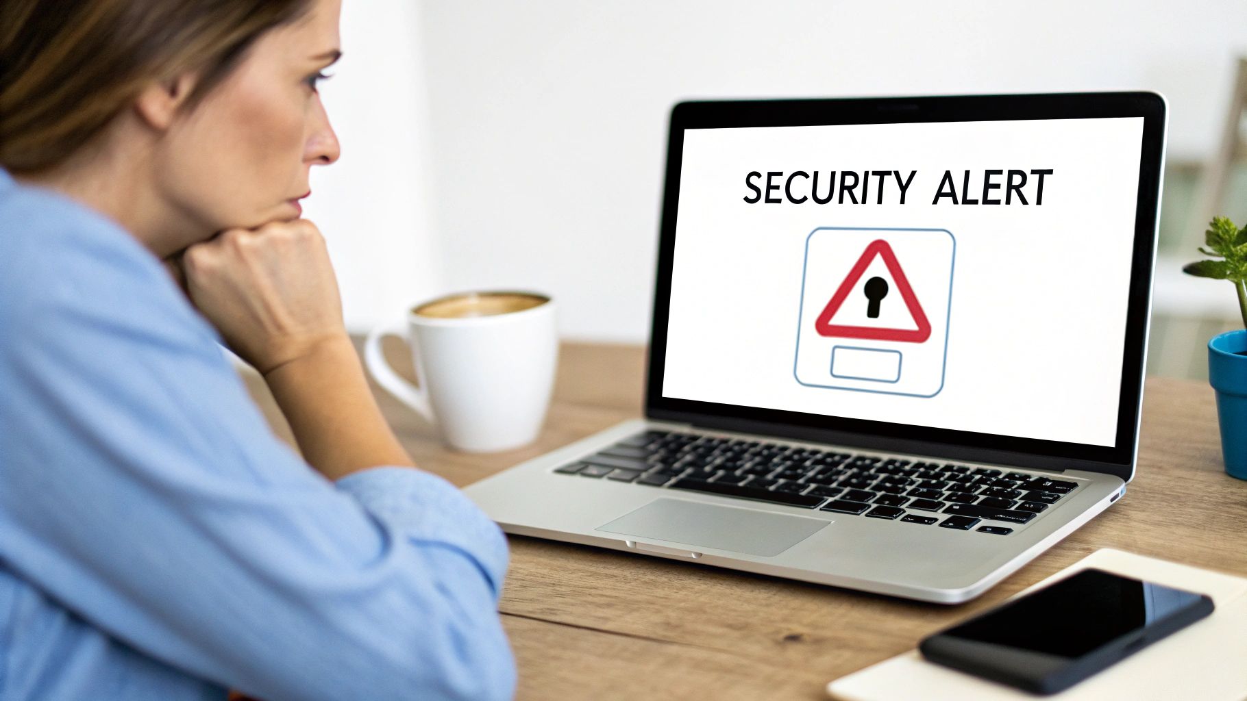 Concerned woman viewing a 'SECURITY ALERT' message with a padlock icon on her laptop screen.