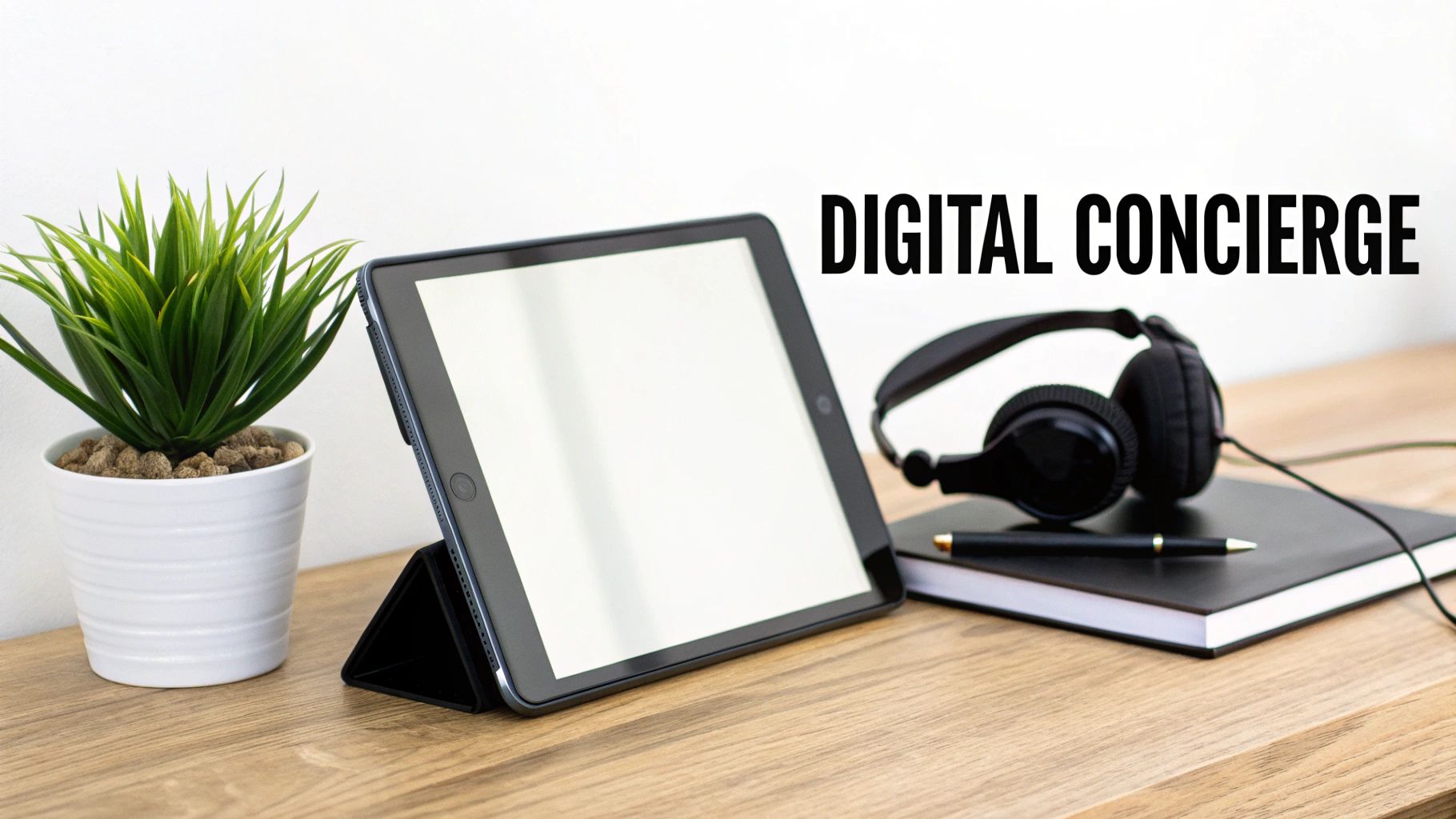 A desk setup with a tablet, headphones, notebook, and plant, featuring 'Digital Concierge' text.
