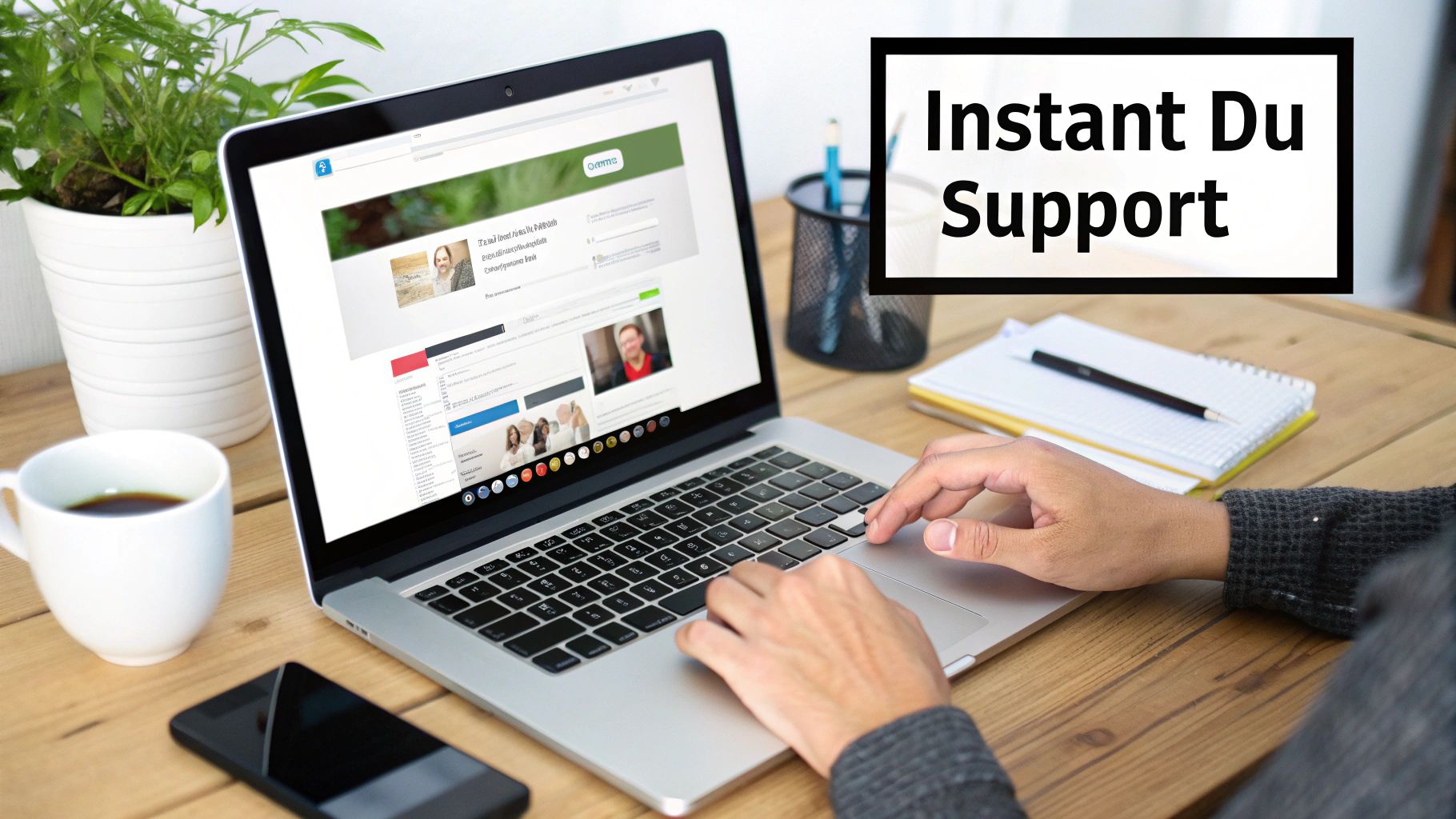 Person typing on a laptop at a wooden desk with coffee, phone, and plant. Text reads 'Instant Du Support'.