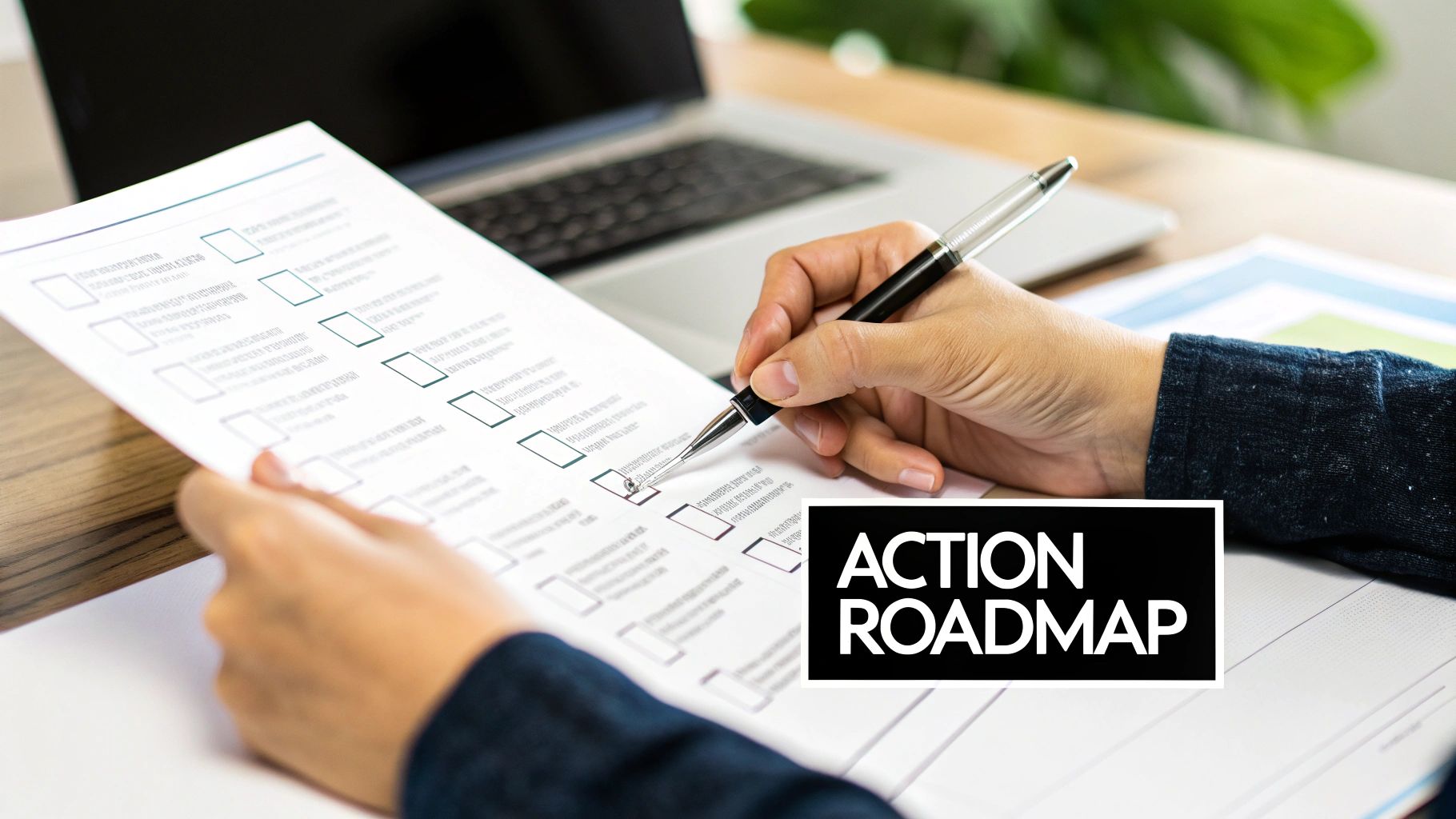 Person's hand marking a checkbox on an 'Action Roadmap' checklist, planning tasks with a pen.
