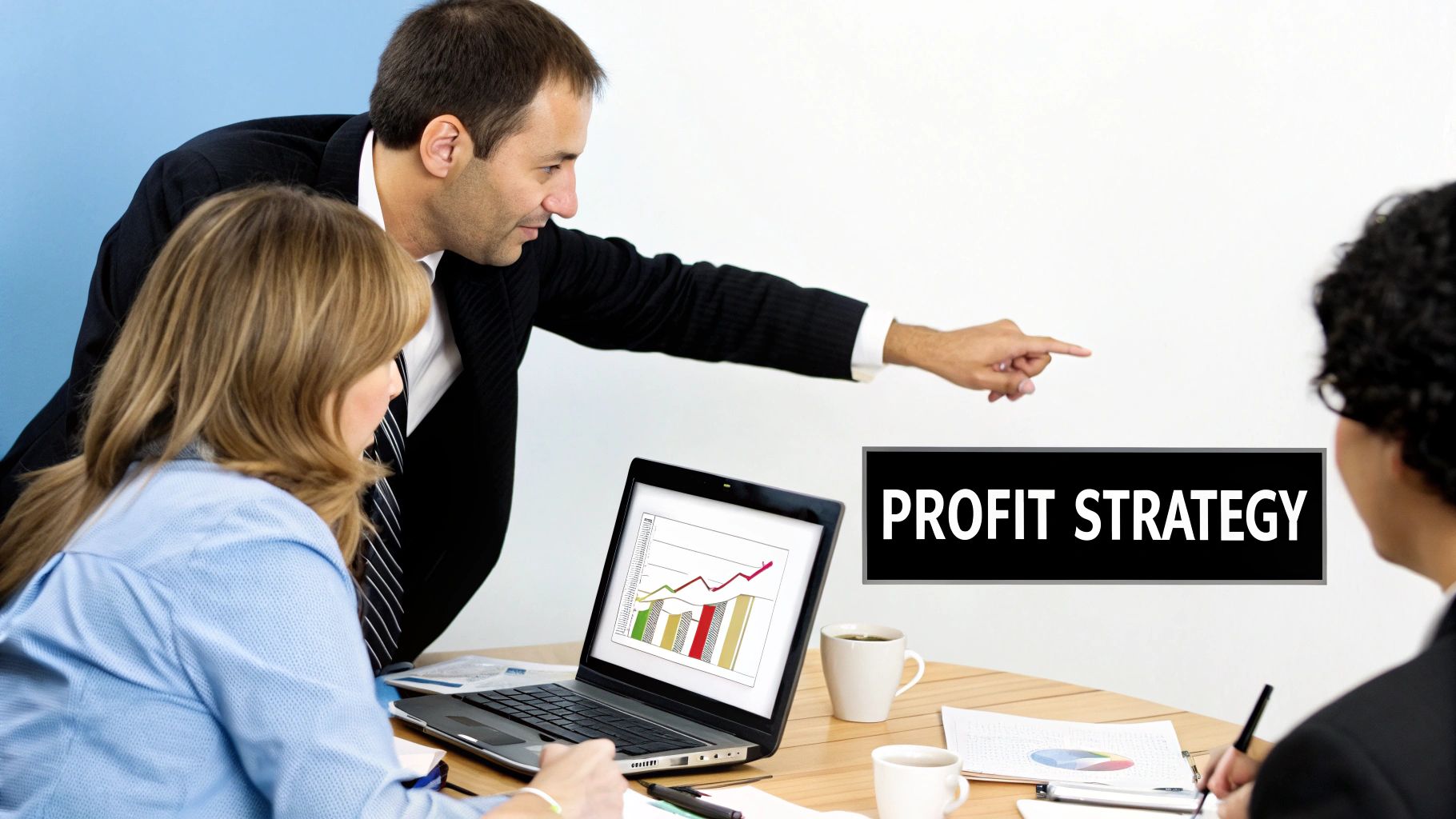 Professionals discuss profit strategy, looking at a laptop with graphs and taking notes.