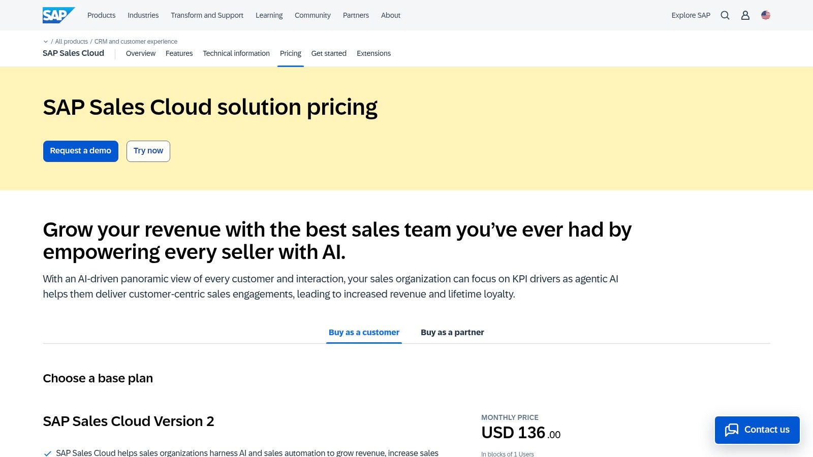 A screenshot of the SAP Sales Cloud pricing page showing different tiers for their CRM software.
