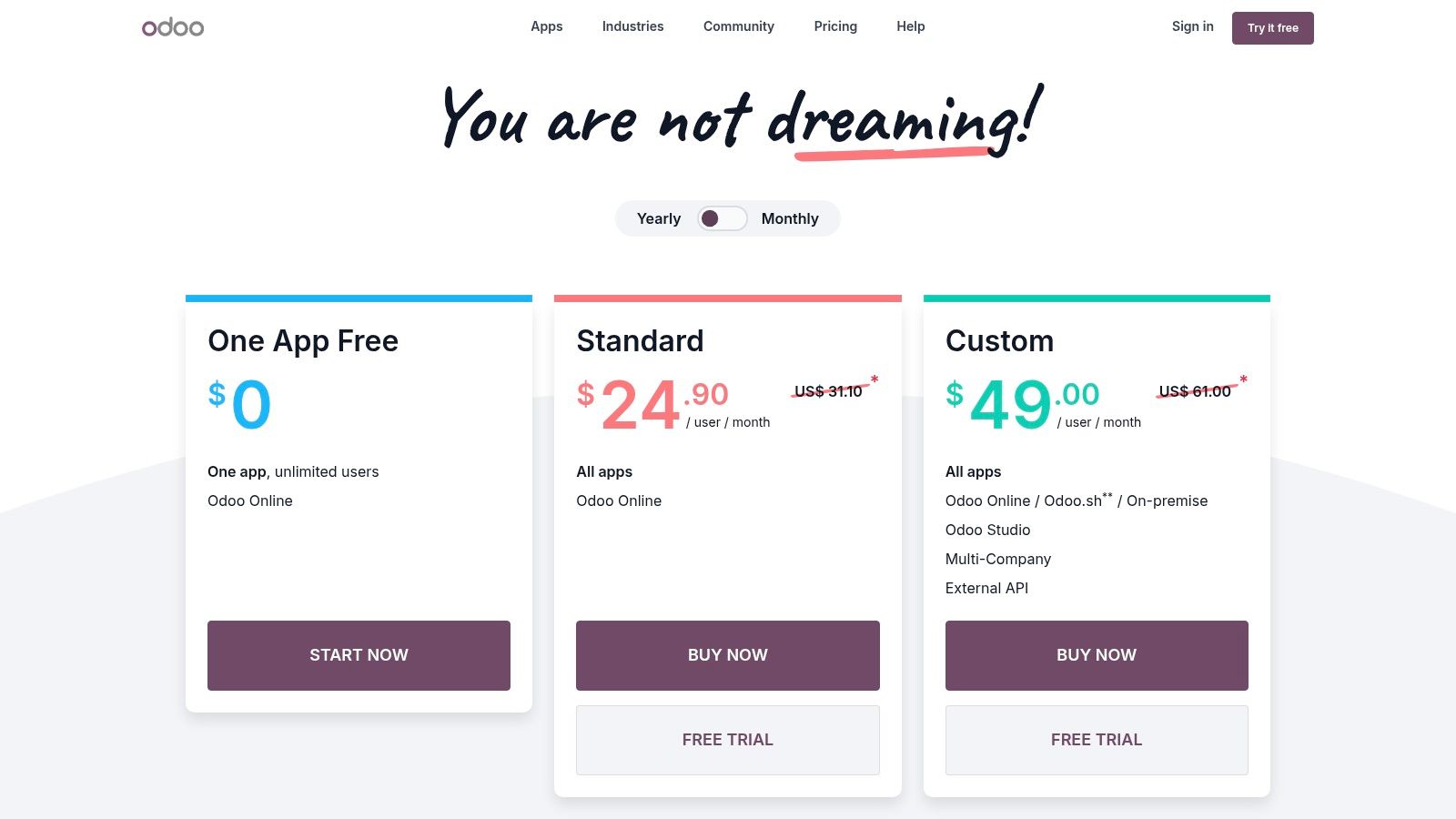 A screenshot of the Odoo pricing page, showing options for using one app for free or bundling multiple apps with different pricing plans.