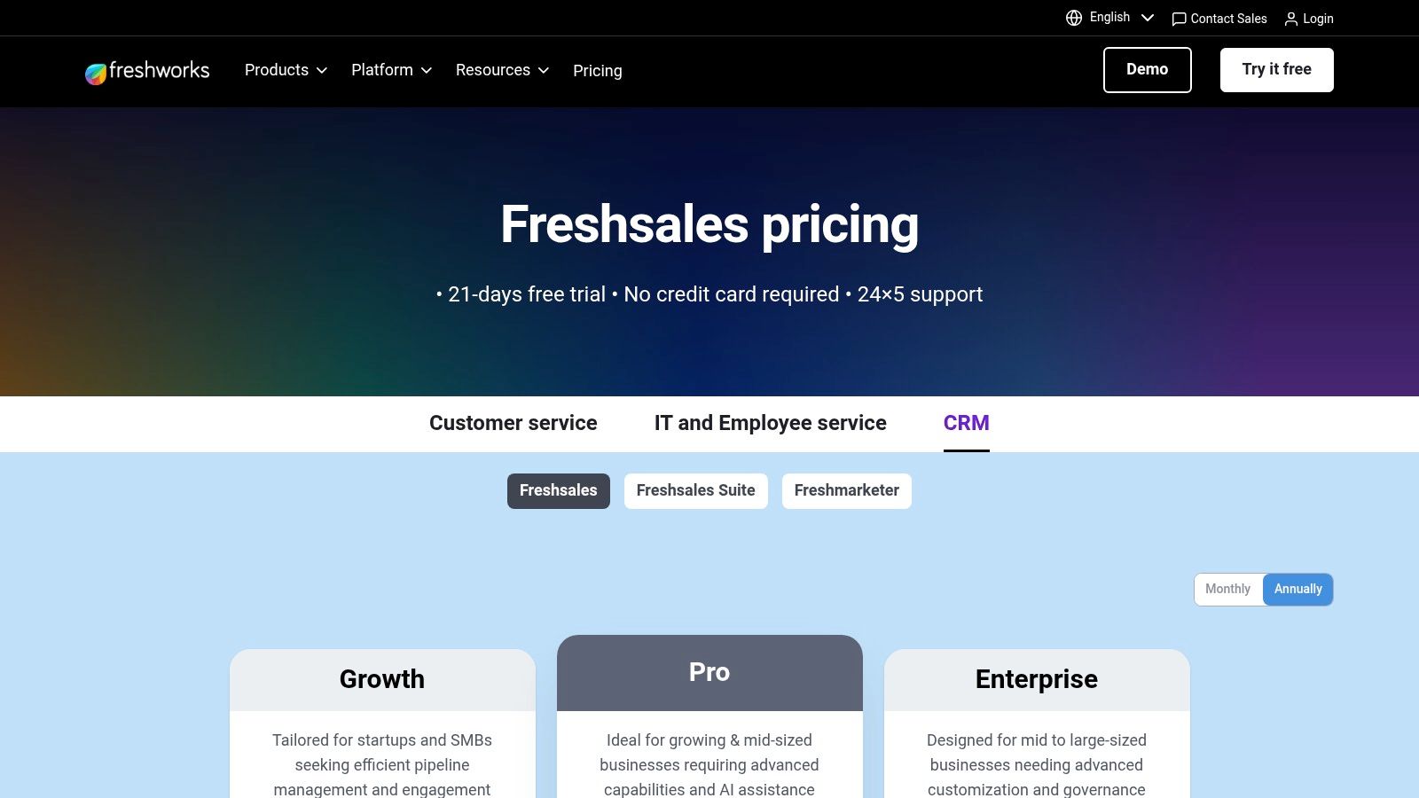 A screenshot of the Freshsales by Freshworks pricing page, showing the Free, Growth, Pro, and Enterprise tiers.