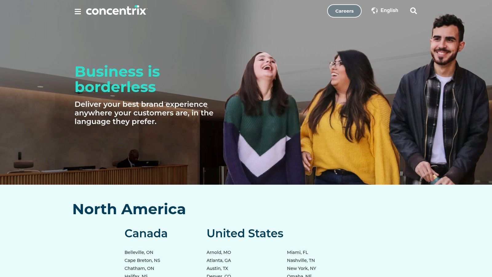 A screenshot of the Concentrix locations page, showing its global presence relevant to BPO companies in Dubai.
