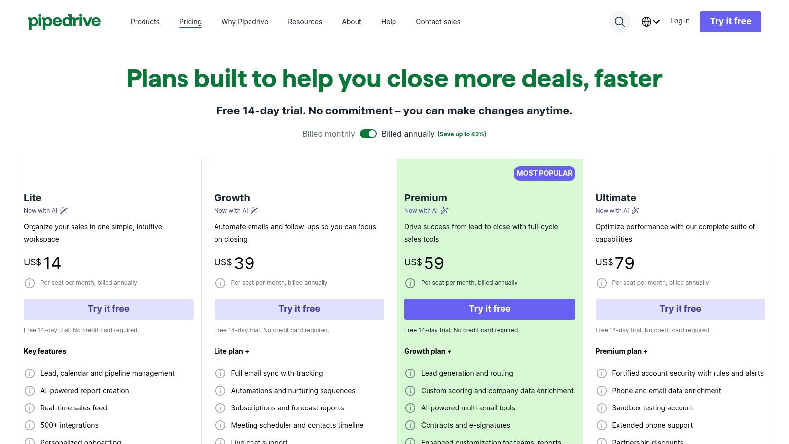 A screenshot of the Pipedrive pricing page, displaying Essential, Advanced, Professional, and Enterprise plans with their respective features.