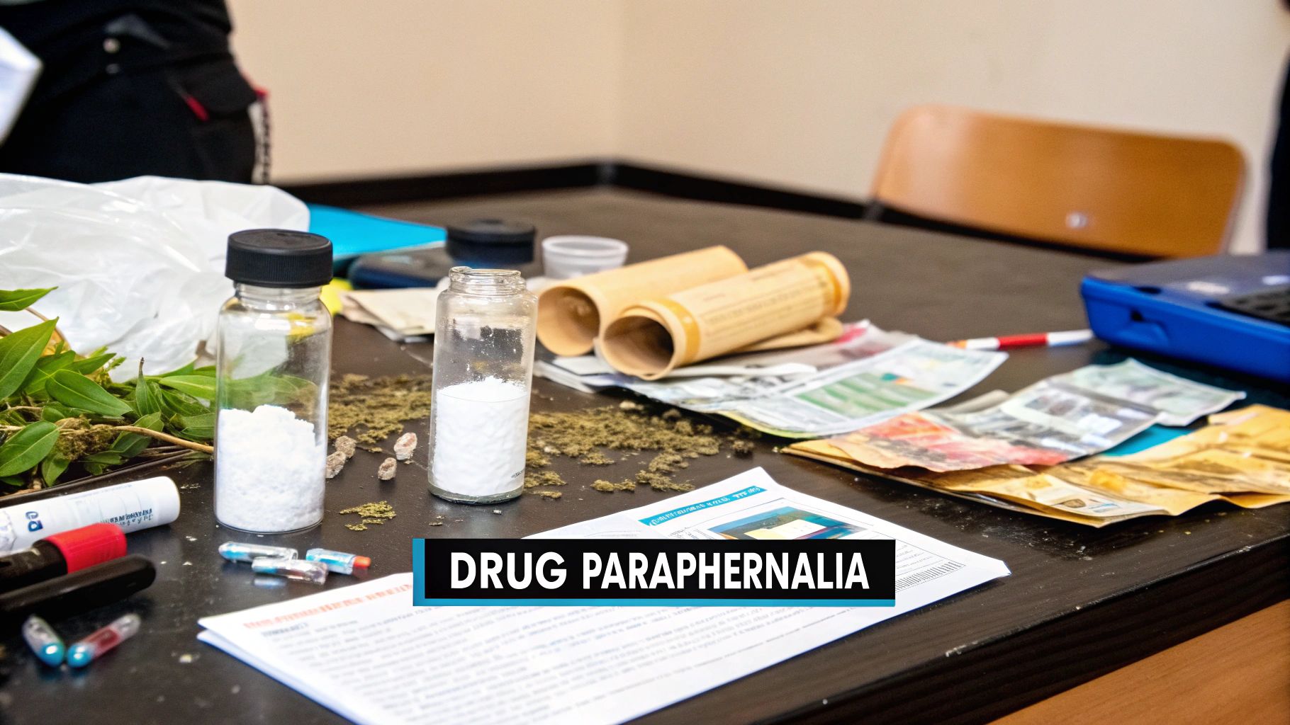 A collection of common drug paraphernalia, including a pipe, bong, rolling papers, a scale, and syringes.