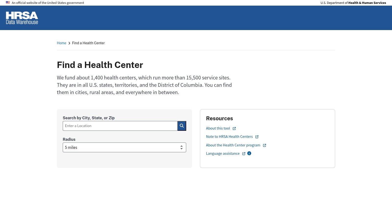 HRSA “Find a Health Center” (Federally Qualified Health Centers)