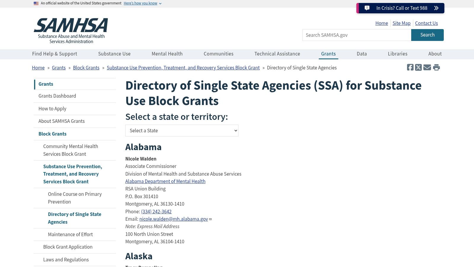 Directory of Single State Agencies (SSAs) for Substance Use Services (SAMHSA)