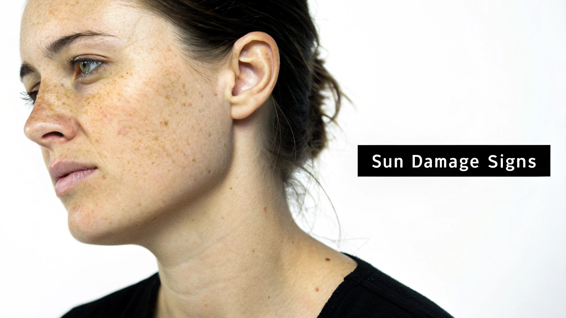 A person's face showing signs of sun damage on the skin