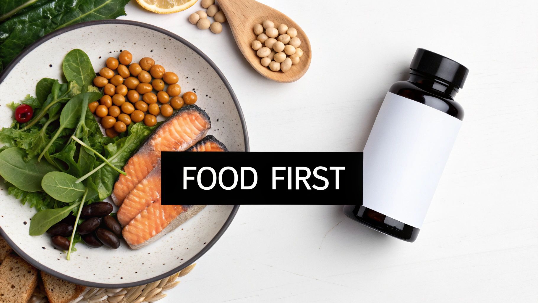 A colourful array of fresh fruits, vegetables, and lean proteins, representing a food-first approach to hair health.