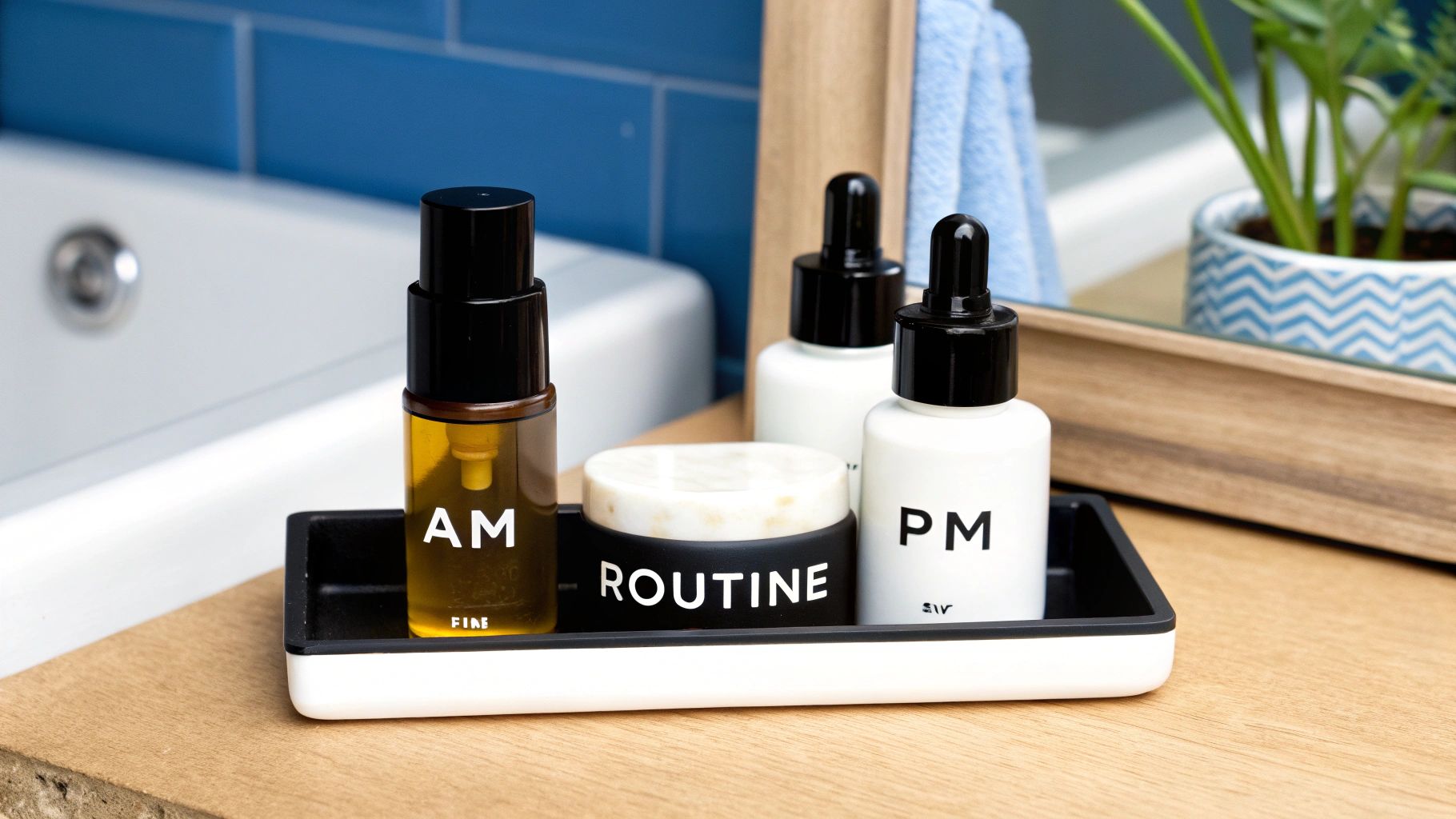 A woman applying skincare products in a bright, clean bathroom.