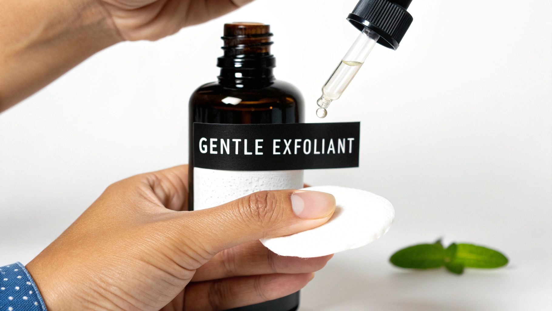 A bottle of gentle chemical exfoliant next to soft cotton pads on a clean, minimalist background.