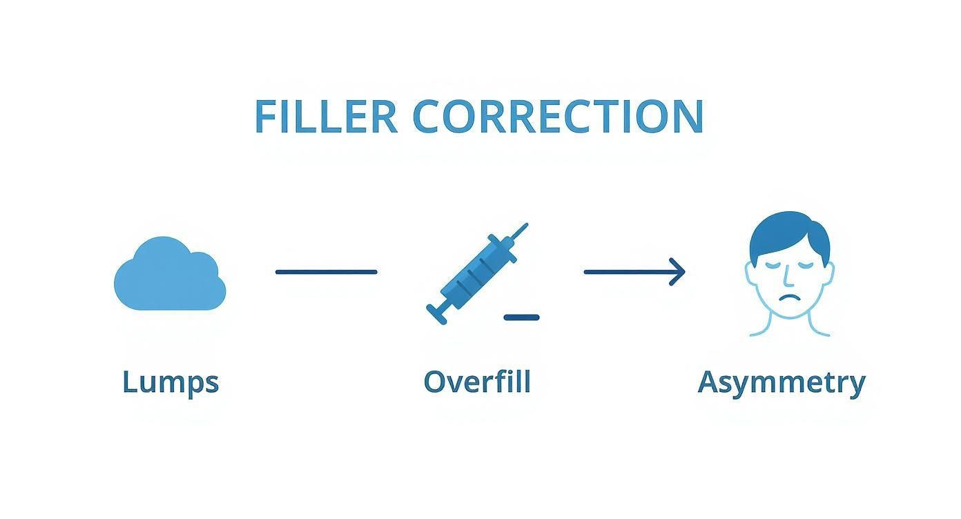 Diagram showing three common filler complications: lumps, overfill with syringe, and facial asymmetry