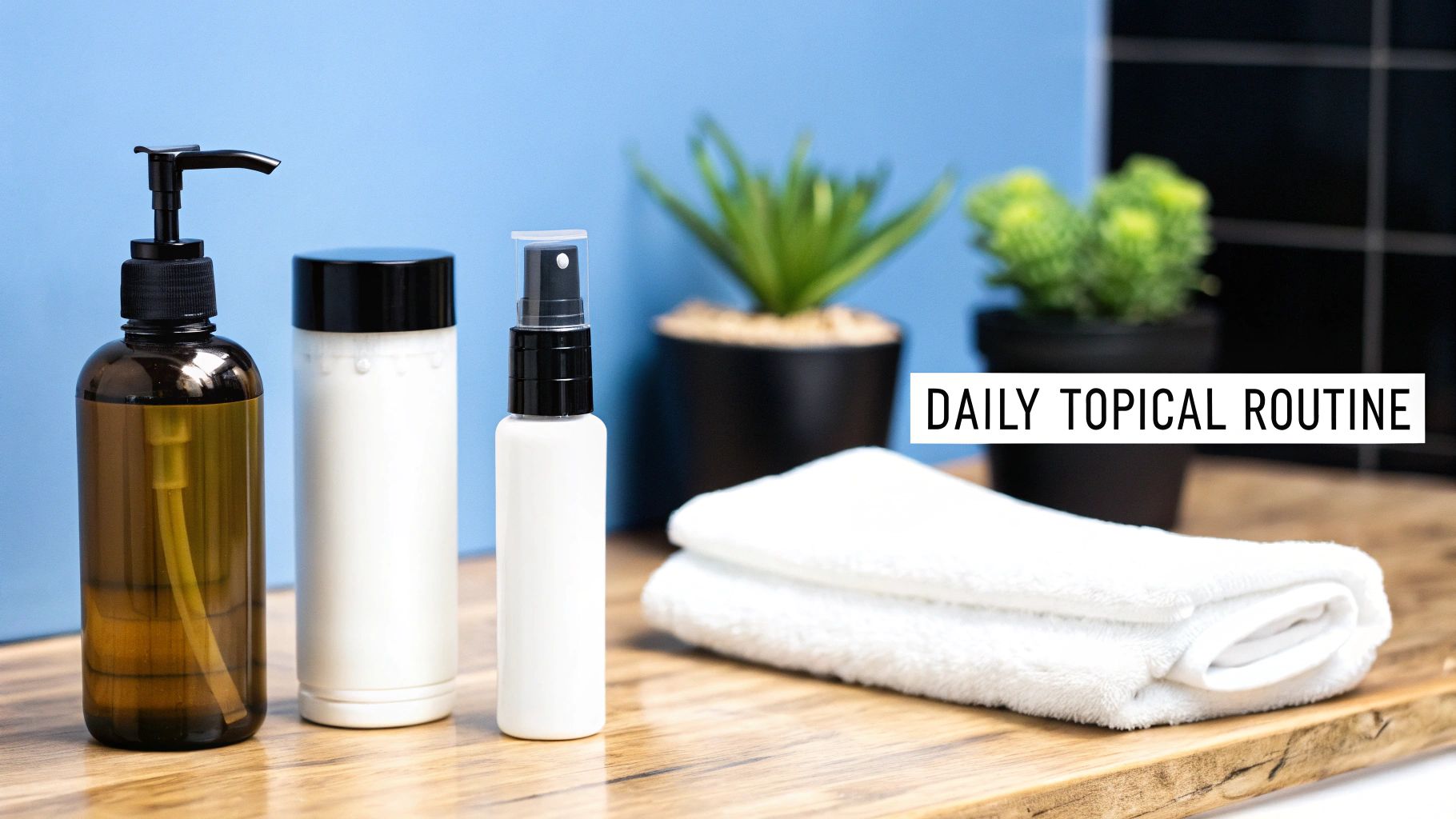 A person applying a topical hair treatment to their scalp.