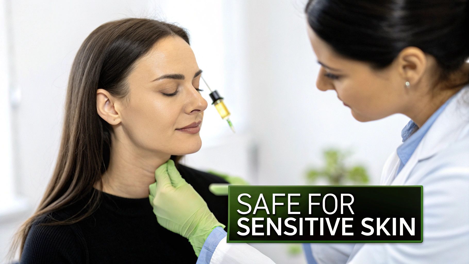 A woman with sensitive skin gently applying a skincare product, looking calm and comfortable.