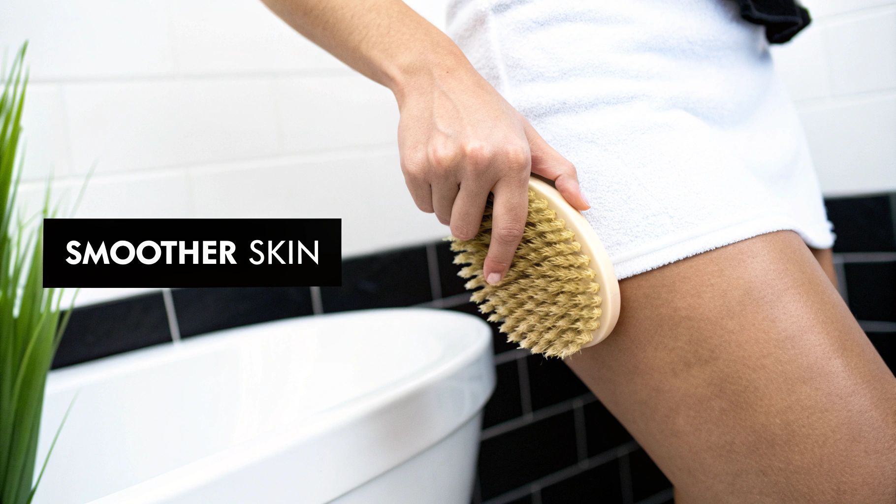 Person performing dry body brushing technique on leg with natural bristle brush for smoother skin