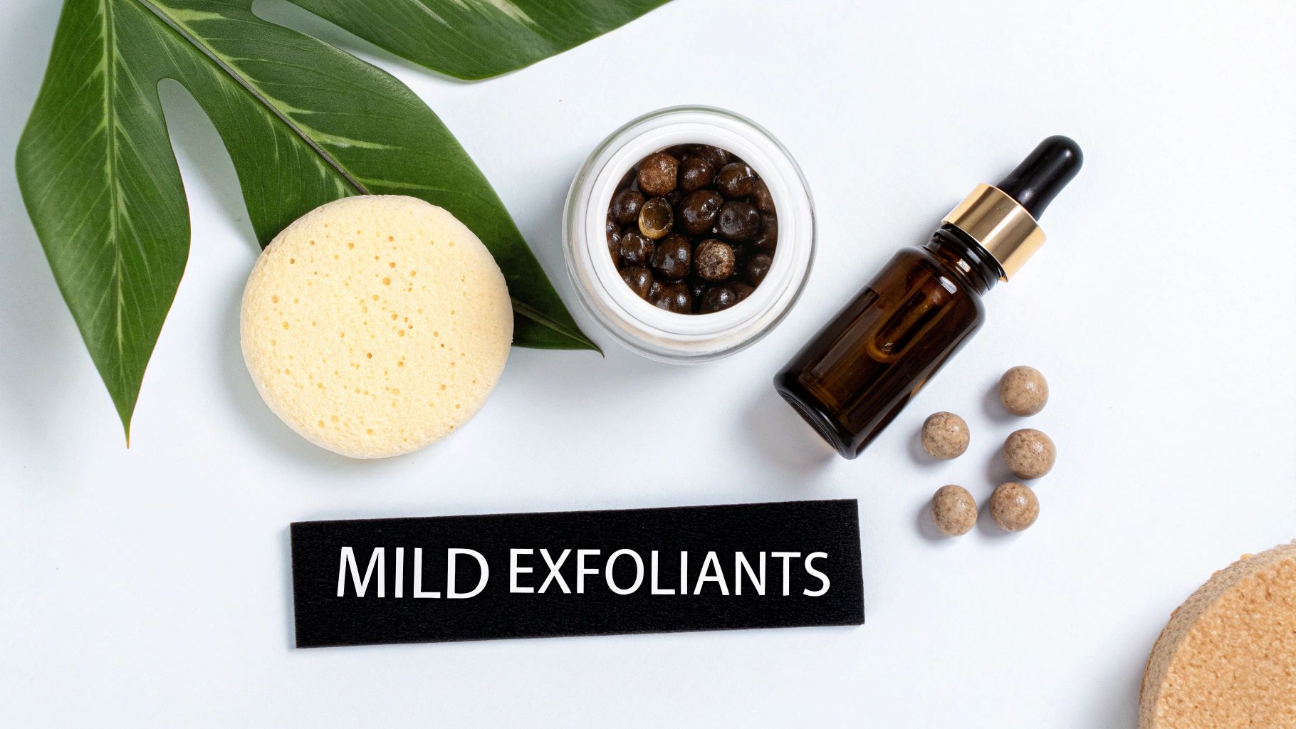 A close-up shot of different skincare textures, showing a clear serum, a milky lotion, and a gentle scrub, representing various exfoliant options.