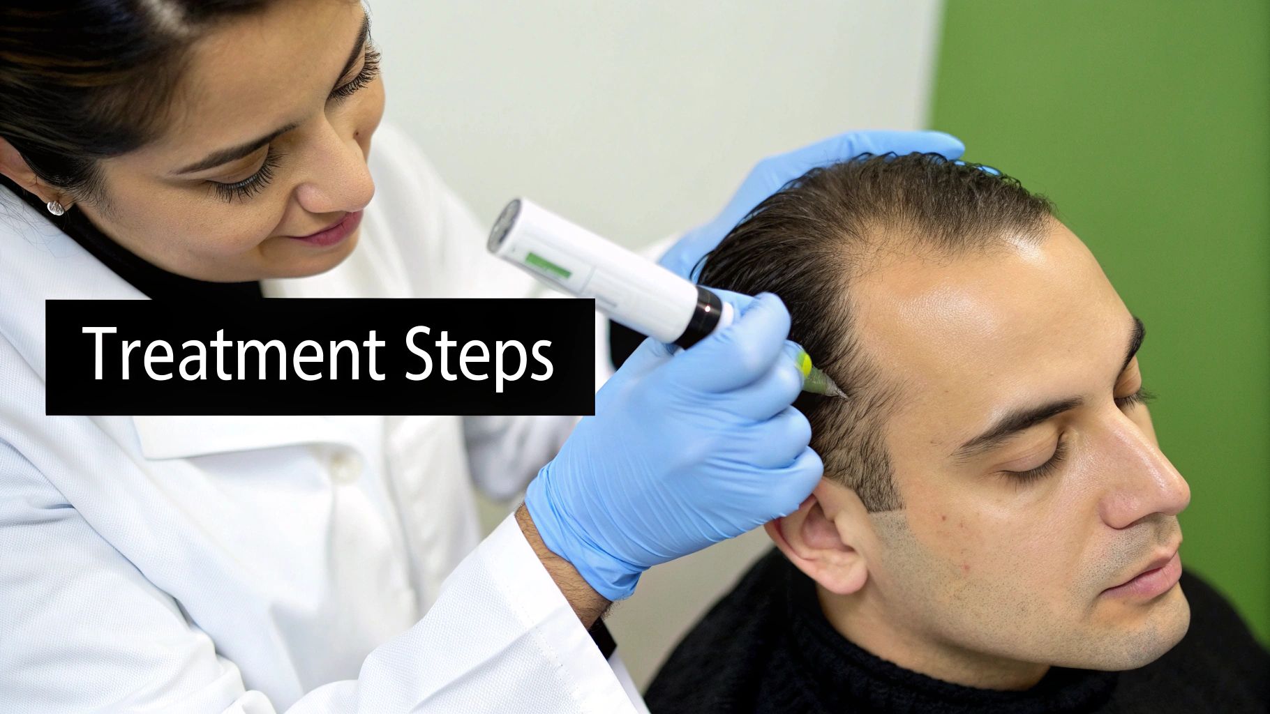 A practitioner applying a hair treatment to a client's scalp in a clinical setting.