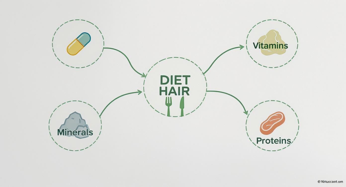 Diagram showing diet hair relationship with vitamins minerals proteins and supplements as contributing factors