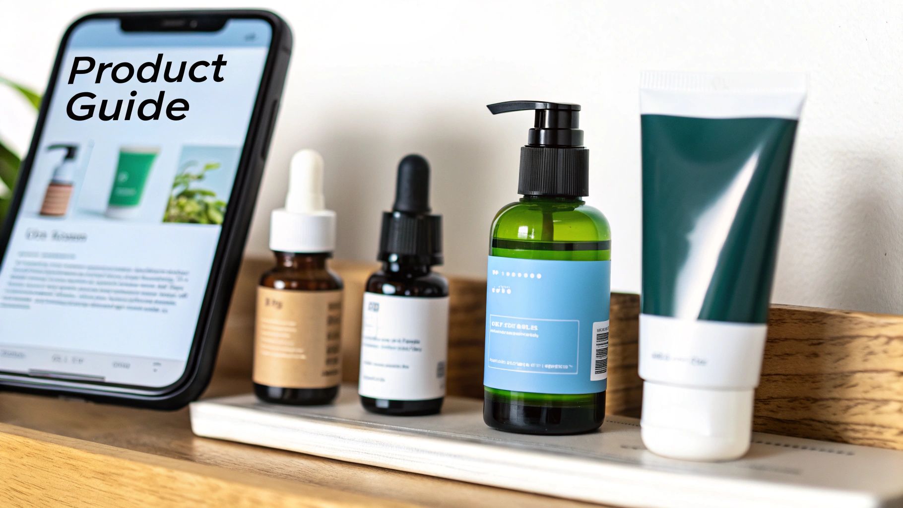 A collection of different skincare product bottles and jars arranged on a clean, modern surface.