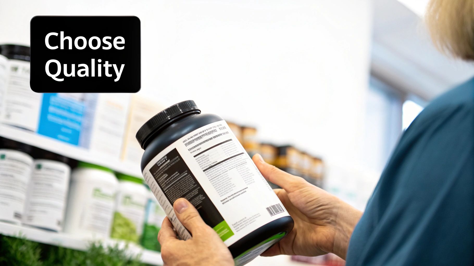 A person examining the label on a supplement bottle.