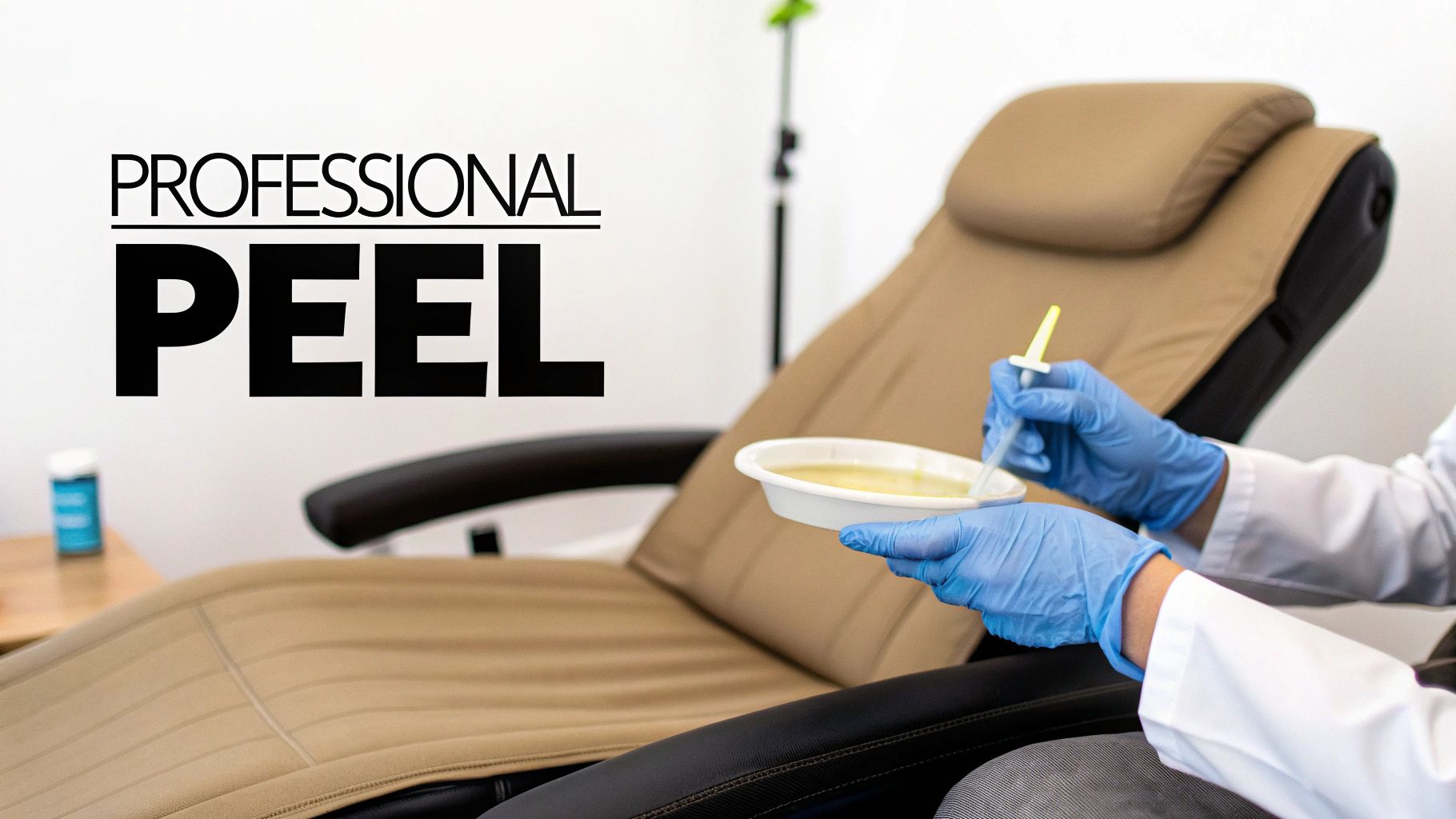 A professional aesthetician applying a peel to a client's face in a clean, clinical setting.