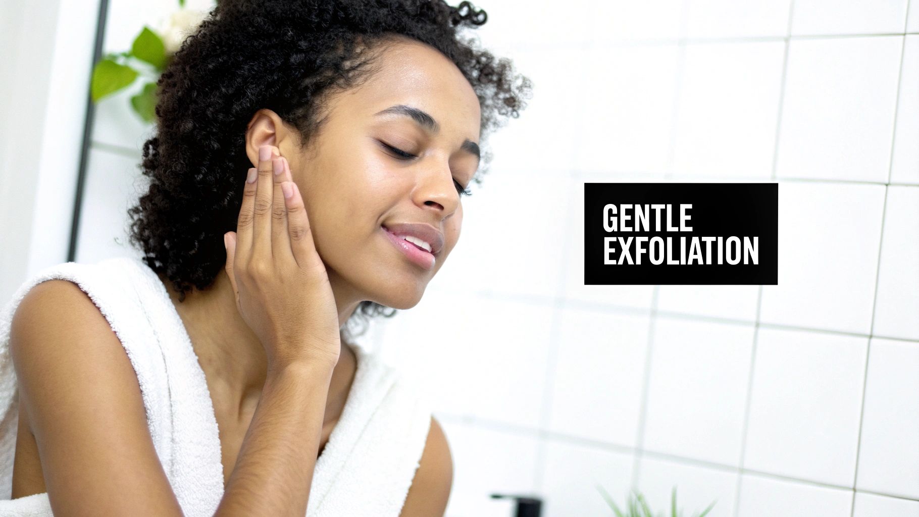 A woman gently applying a skincare product to her cheek, illustrating a careful approach to exfoliation