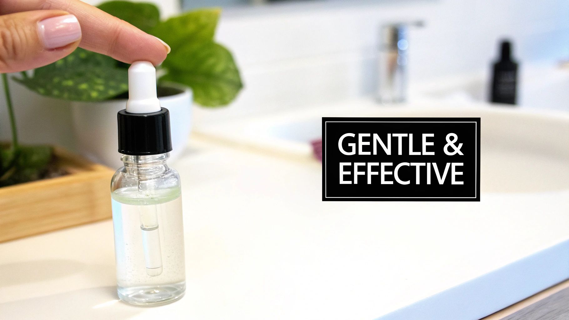 A person with sensitive skin carefully applying serum to their cheek with a dropper.