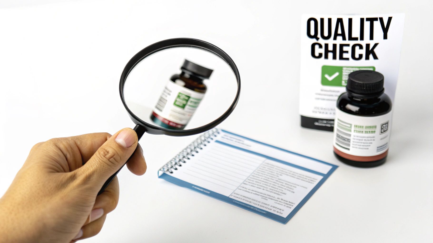 Hand holding magnifying glass examining supplement bottle label with quality check checklist and certification document