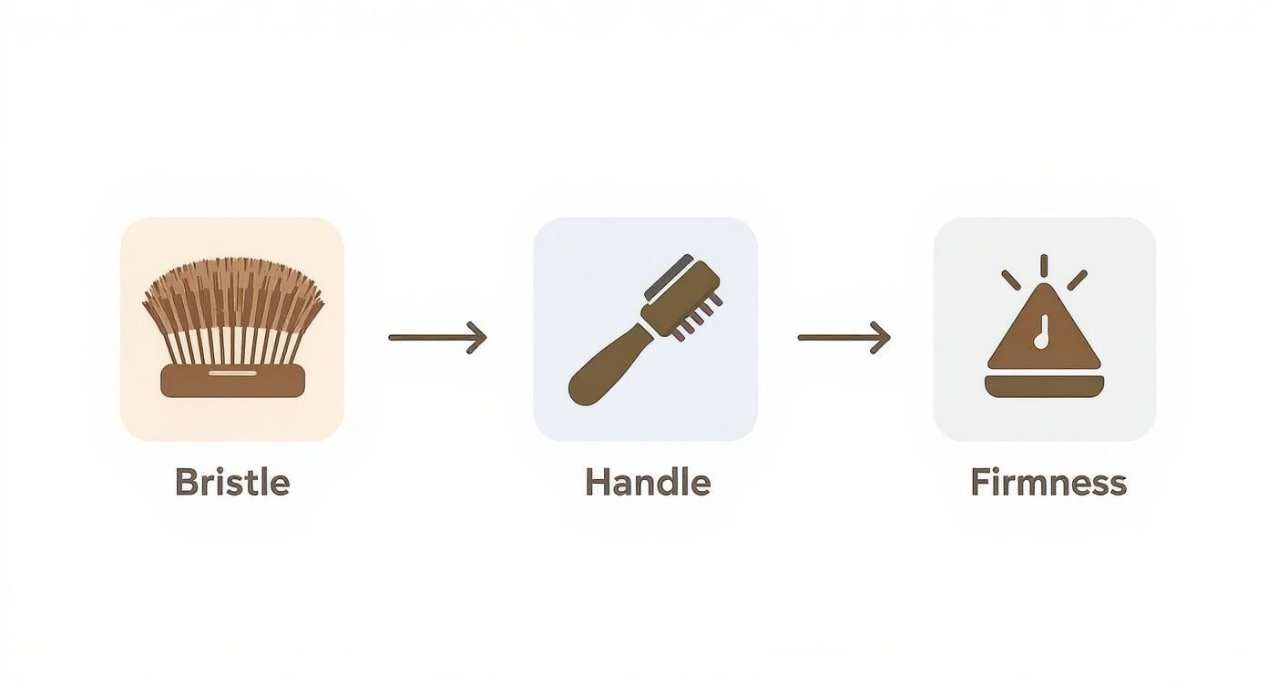 Diagram showing bristle texture, handle grip, and firmness level for body brushing tools