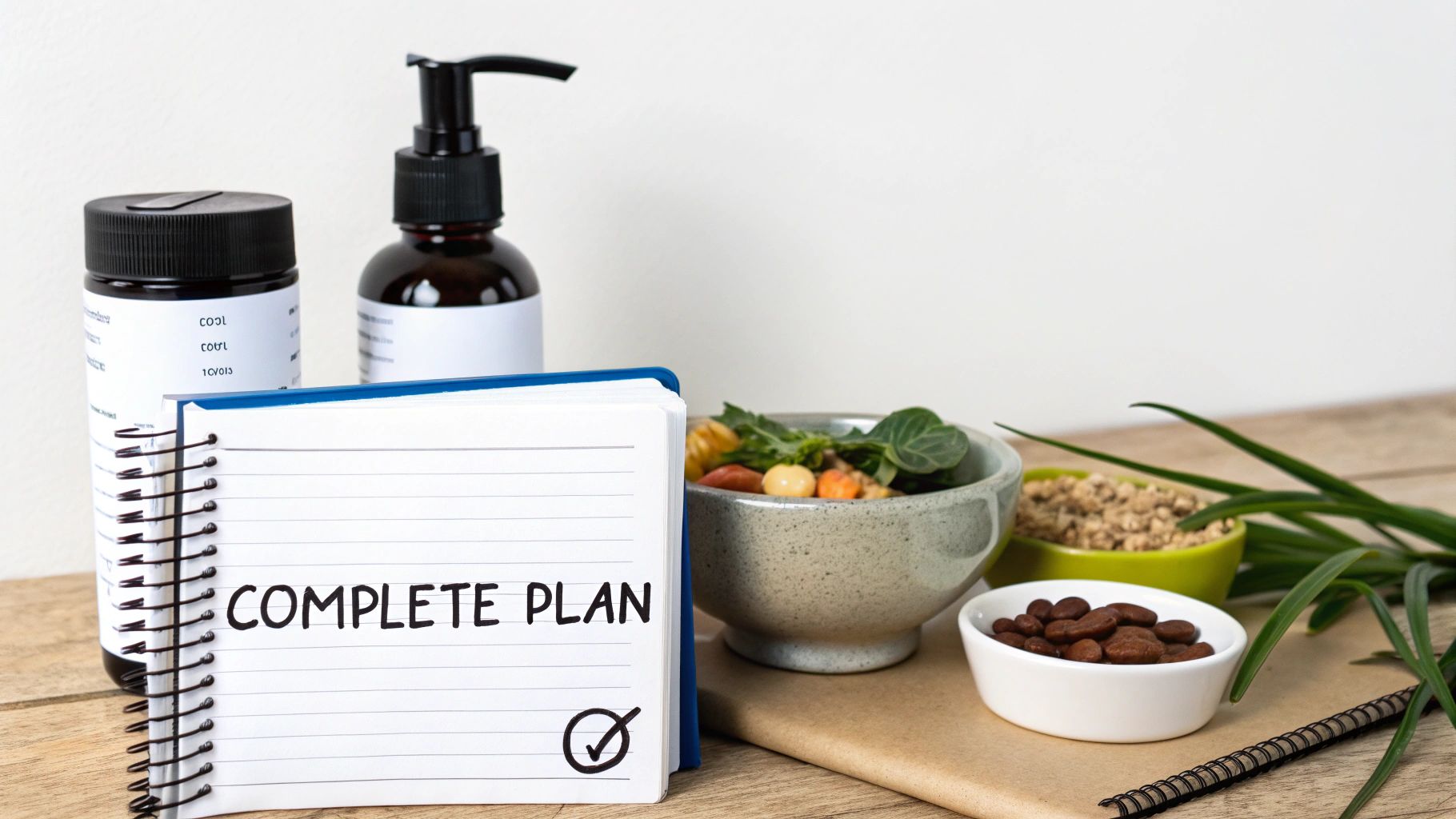 Complete wellness plan notebook with supplement bottles, healthy food bowls, nuts and vegetables on desk