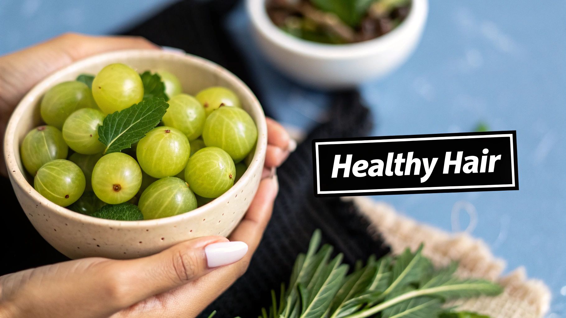 A bowl of green amla powder with whole amla fruits and a wooden spoon