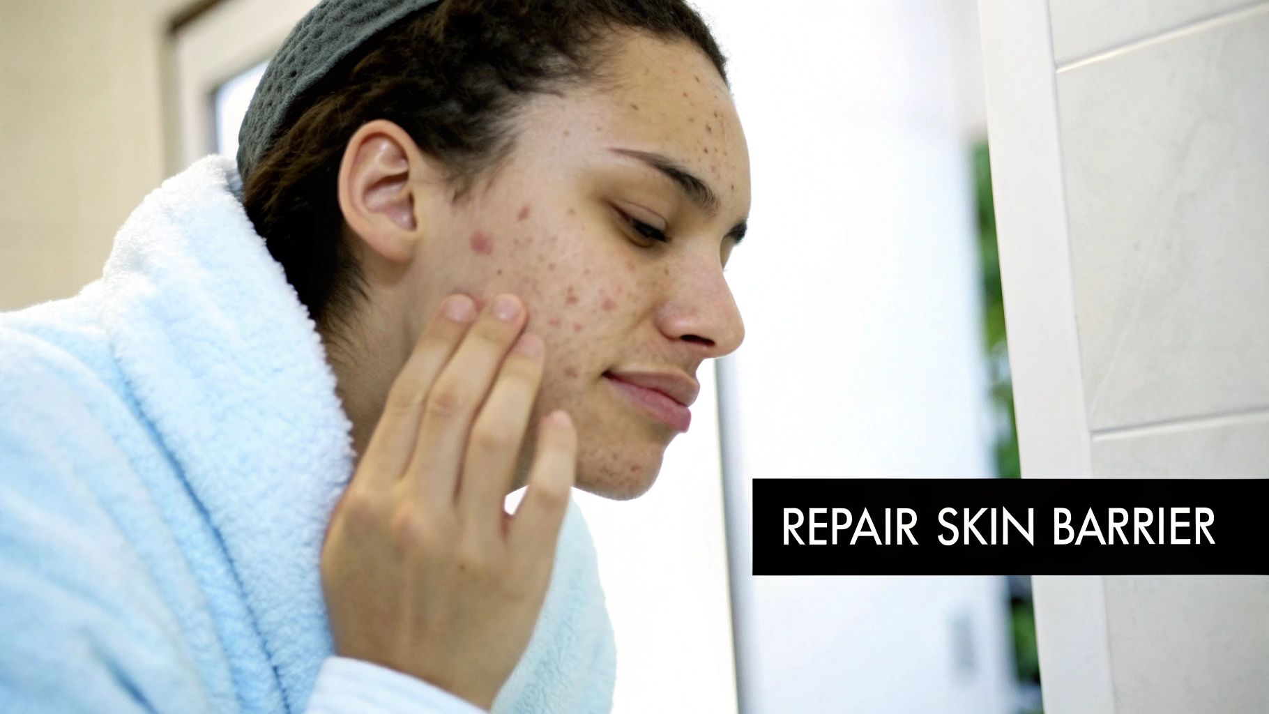 A person gently touching their clear, calm face, symbolising effective care for sensitive skin.