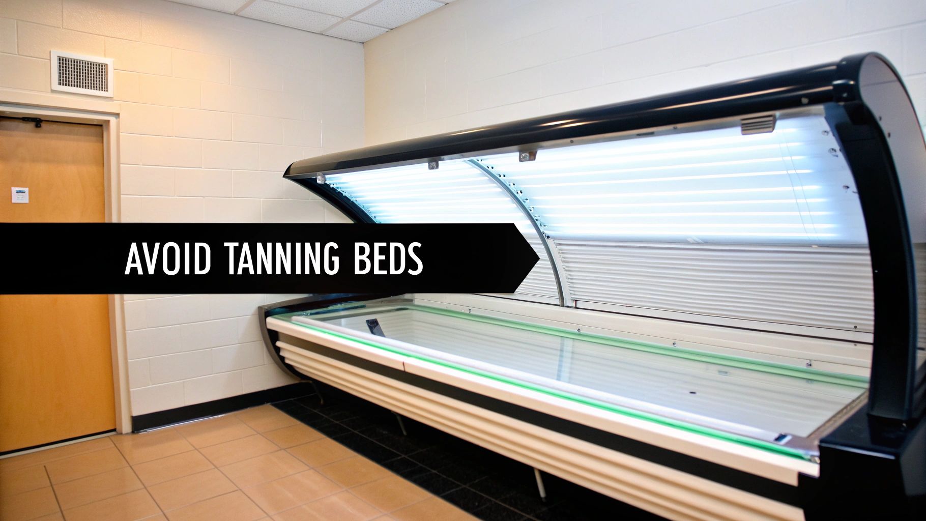 A tanning bed in a spa room, illustrating the source of accelerated skin damage