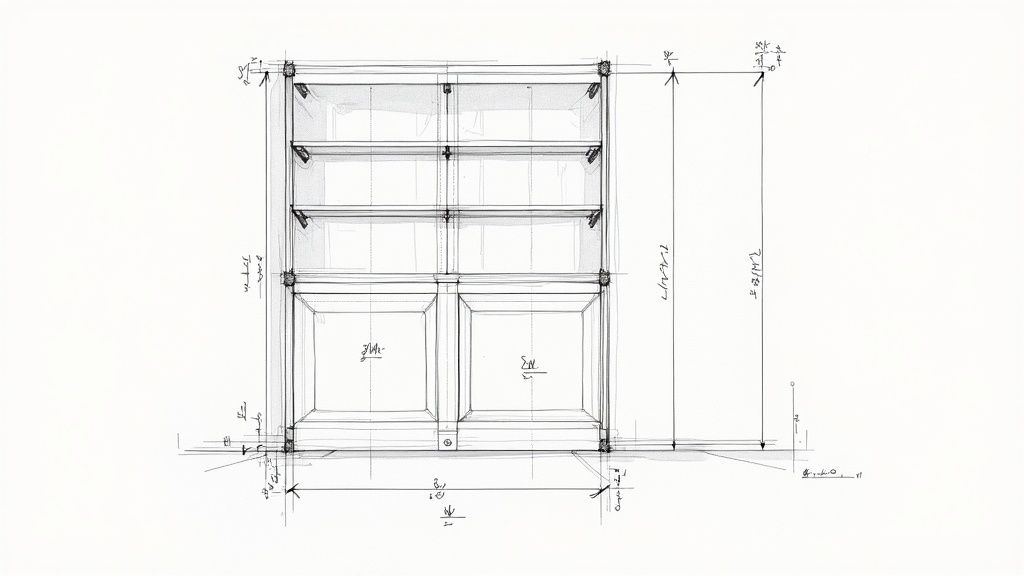 A detailed architectural sketch of a multi-shelf bookcase with base cabinets and handwritten dimensions.