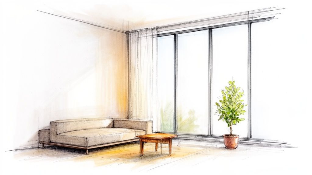Modern minimalist living room sketch with a light sofa, coffee table, potted plant, and large window.