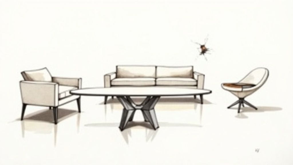 A sculptural, minimalist sofa in a neutral color sits in a contemporary Italian living room, acting as the room's centerpiece.