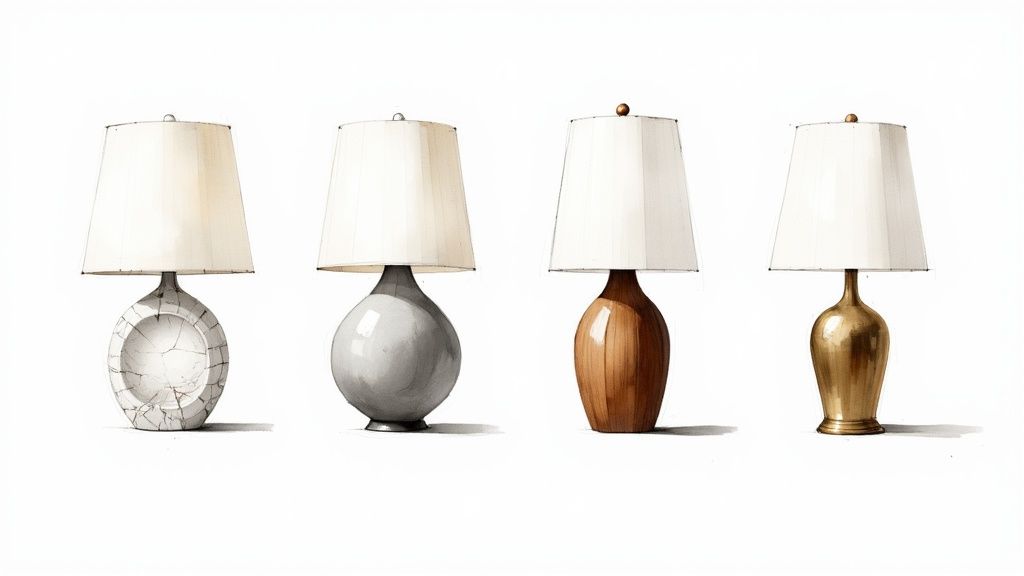Four unique table lamps with white shades, featuring various base designs in a row.