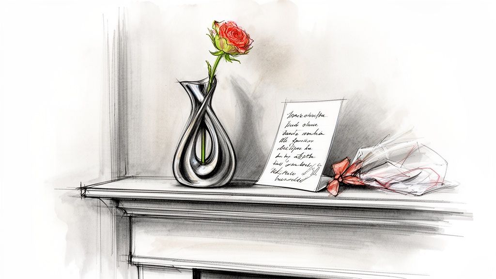 An artistic sketch of a red rose in a unique vase, a handwritten note, and a gift.