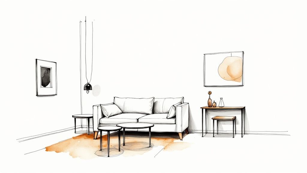 A stylish living room where a single, sculptural Italian sofa serves as the focal point, complemented by minimalist decor.