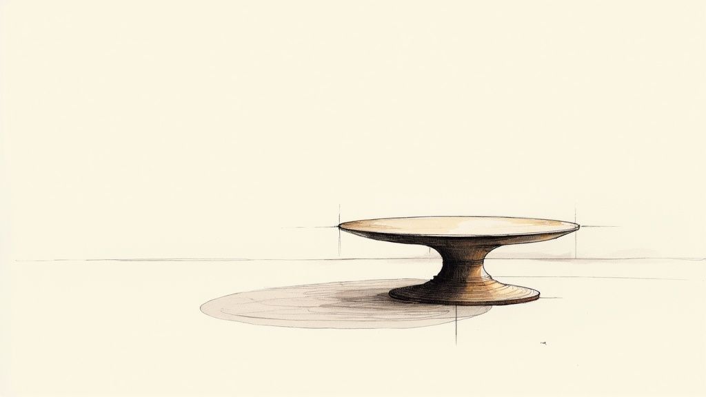 A modern Italian coffee table with a marble top and sculptural wooden base in a minimalist living room.